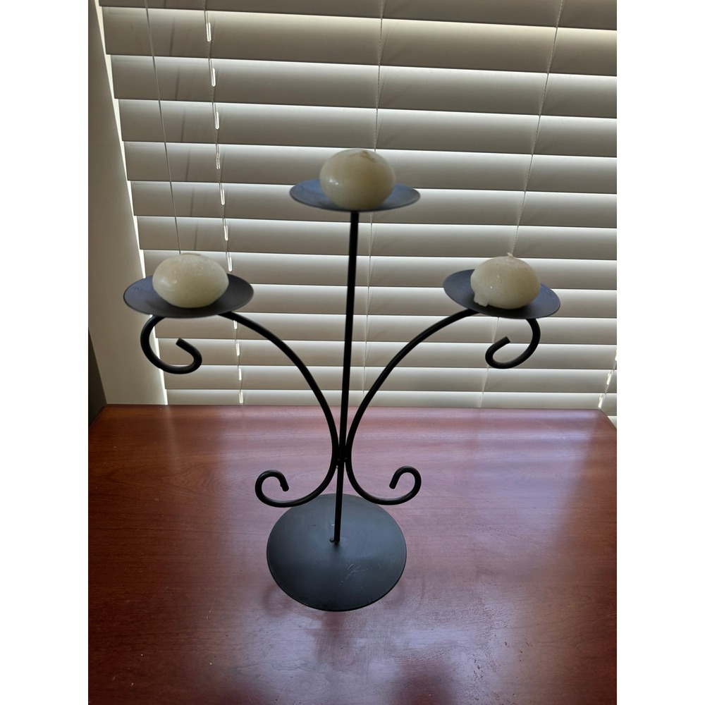 Black Wrought Iron 3 Tier Candelabra Scroll Candle Holder Centerpiece 14 Inch